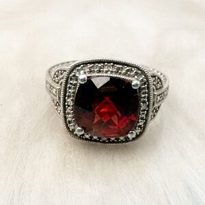 Diamond Sterling Silver 10 x 10mm Cushion Cut Red Garnet Ring 925